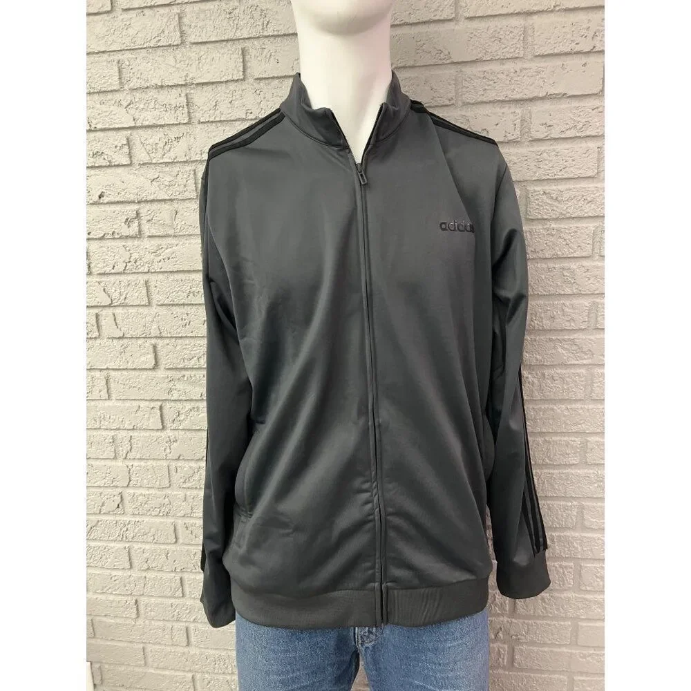 Adidas Men Gray Essential Three Stripe Zip Front Jacket Size XL
